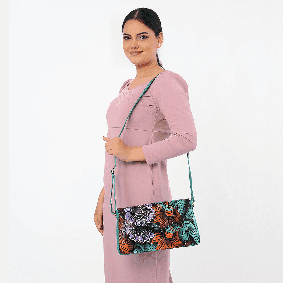 La Marey Turquoise Blue Genuine Leather Hand Painted Tooled Crossbody Bag image number 2