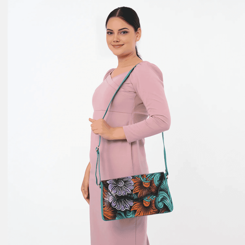 La Marey Turquoise Blue Genuine Leather Hand Painted Tooled Crossbody Bag