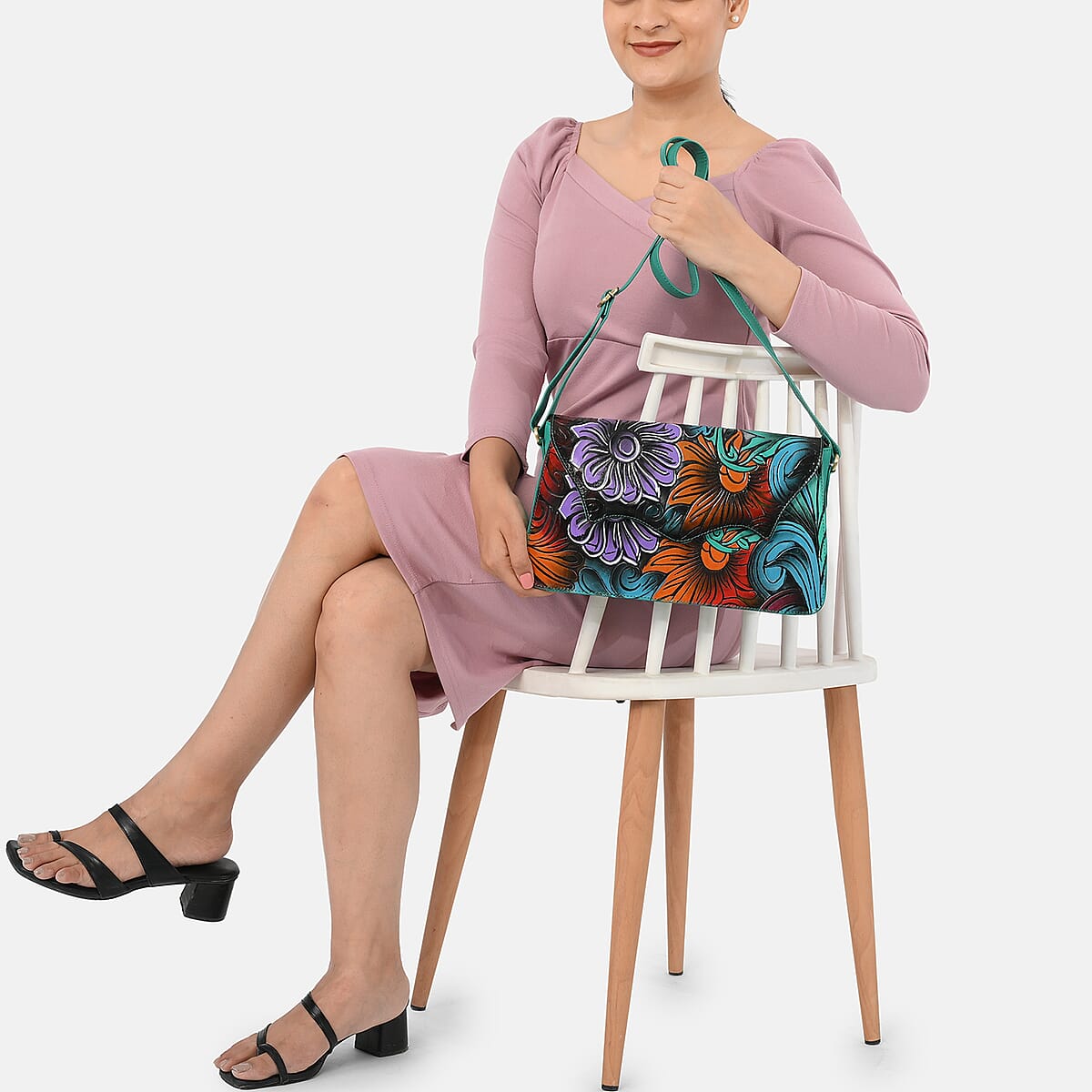 La Marey Turquoise Blue Genuine Leather Hand Painted Tooled Crossbody Bag image number 3