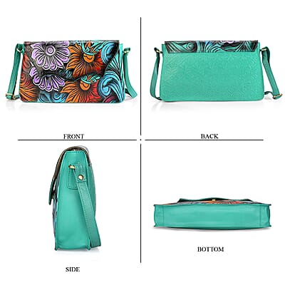La Marey Turquoise Blue Genuine Leather Hand Painted Tooled Crossbody Bag