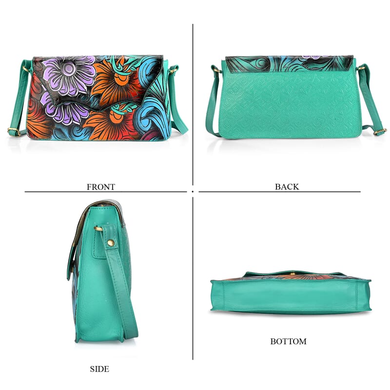 La Marey Turquoise Blue Genuine Leather Hand Painted Tooled Crossbody Bag