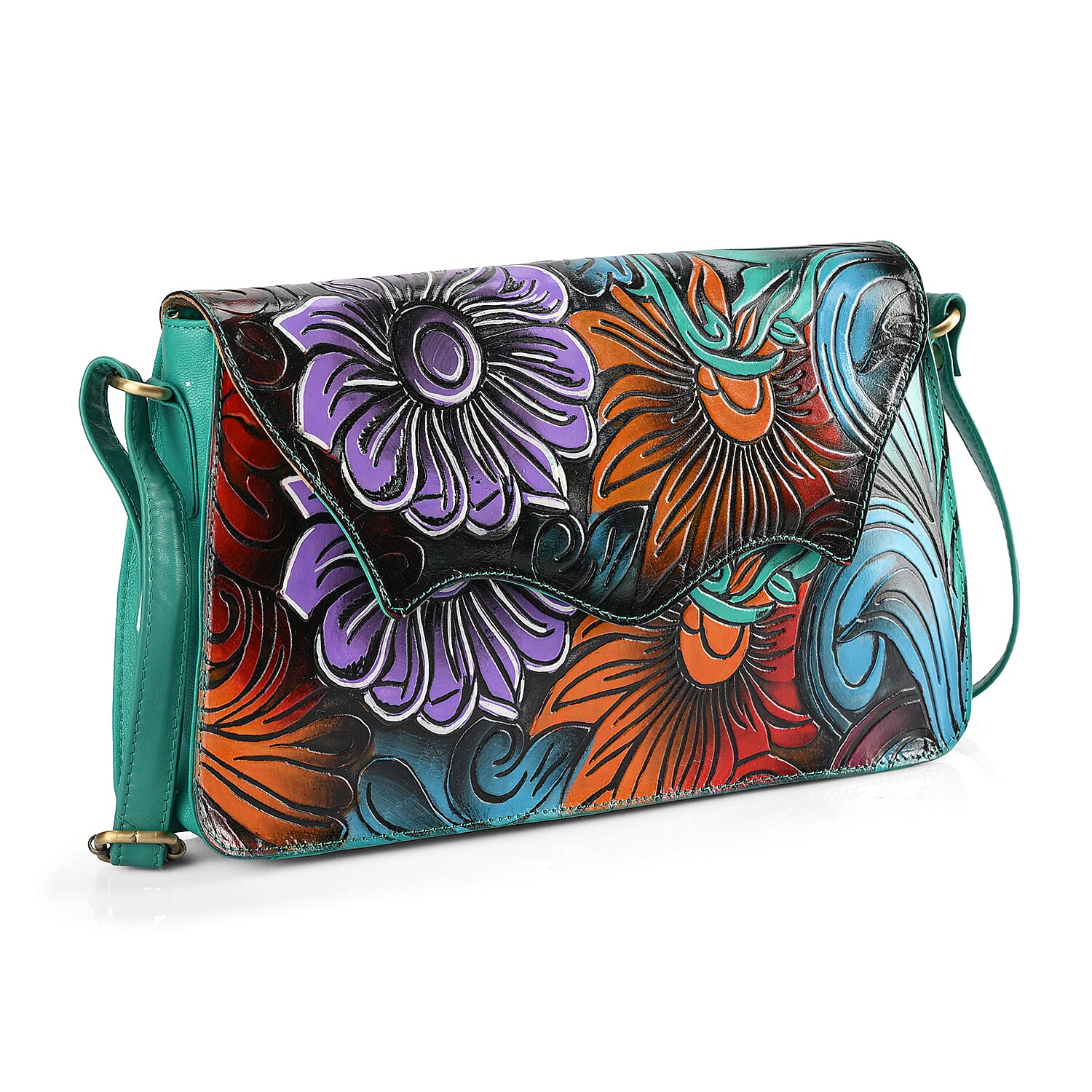 La Marey Turquoise Blue Genuine Leather Hand Painted Tooled Crossbody Bag