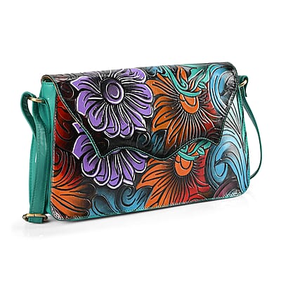 La Marey Turquoise Blue Genuine Leather Hand Painted Tooled Crossbody Bag
