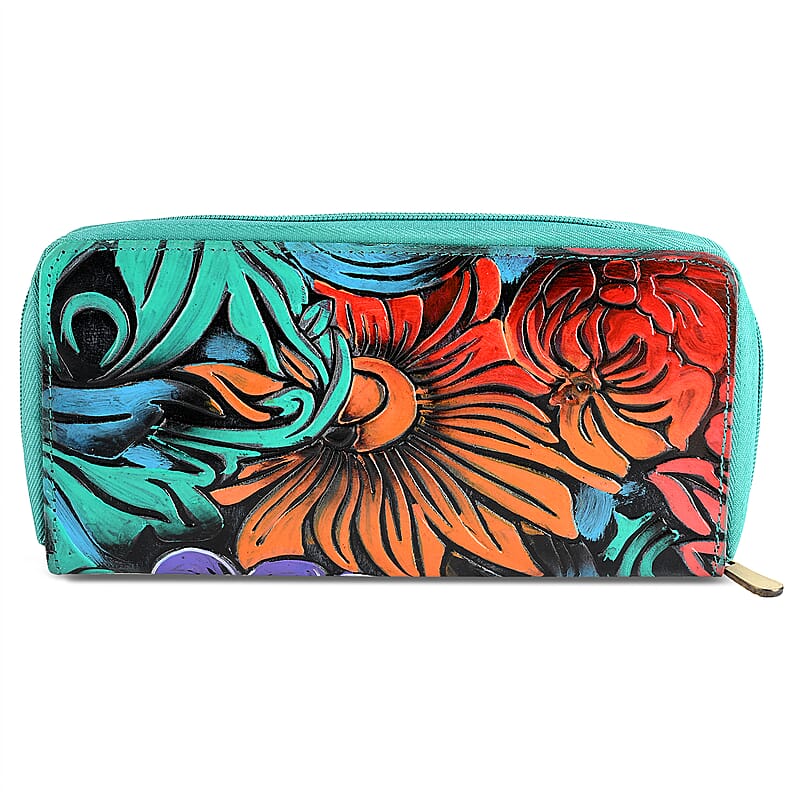 La Marey Turquoise Blue RFID Protected Tooled Leather Women's Wallet
