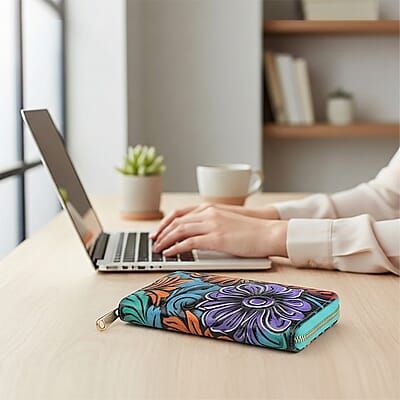 La Marey Turquoise Blue RFID Protected Tooled Leather Women's Wallet