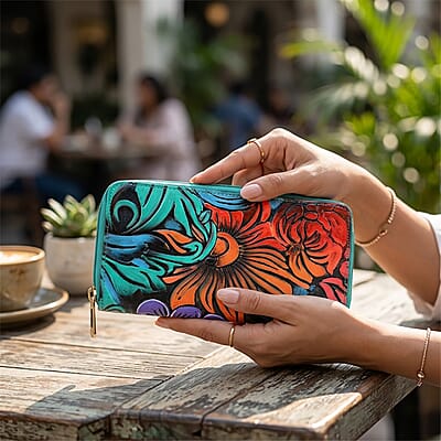 La Marey Turquoise Blue RFID Protected Tooled Leather Women's Wallet