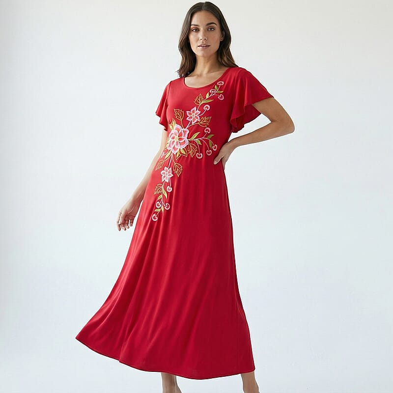 La Marey Red Embroidered Dress - One Size Plus