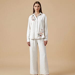 La Marey Beige Cotton Blend Embroidered 2pcs Pant Set - One Size Missy