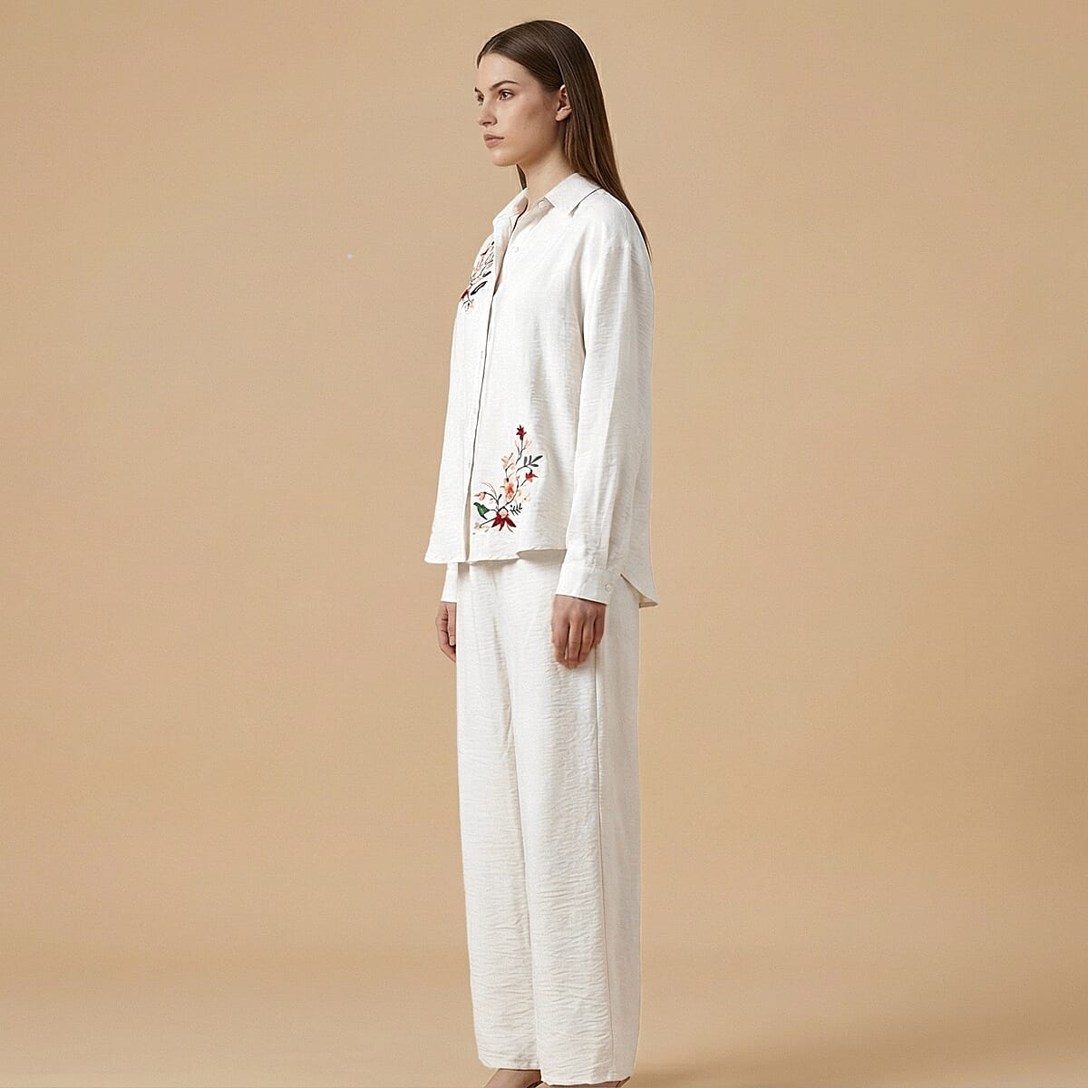 La Marey Beige Cotton Blend Embroidered 2pcs Pant Set - One Size Missy image number 2