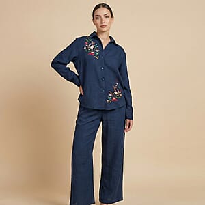 La Marey Navy Cotton Blend Embroidered 2pcs Pant Set - One Size Missy