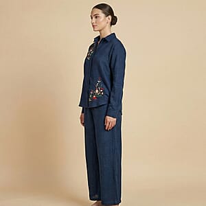 La Marey Navy Cotton Blend Embroidered 2pcs Pant Set - One Size Missy