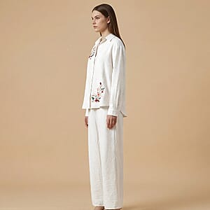 La Marey Beige Cotton Blend Embroidered 2pcs Pant Set - One Size Plus