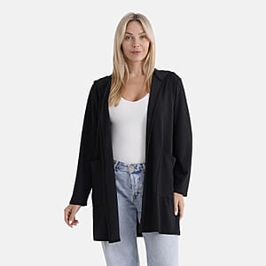 La Marey Black Long Knit Cardigan with Hood and Pockets - One Size Fits Most