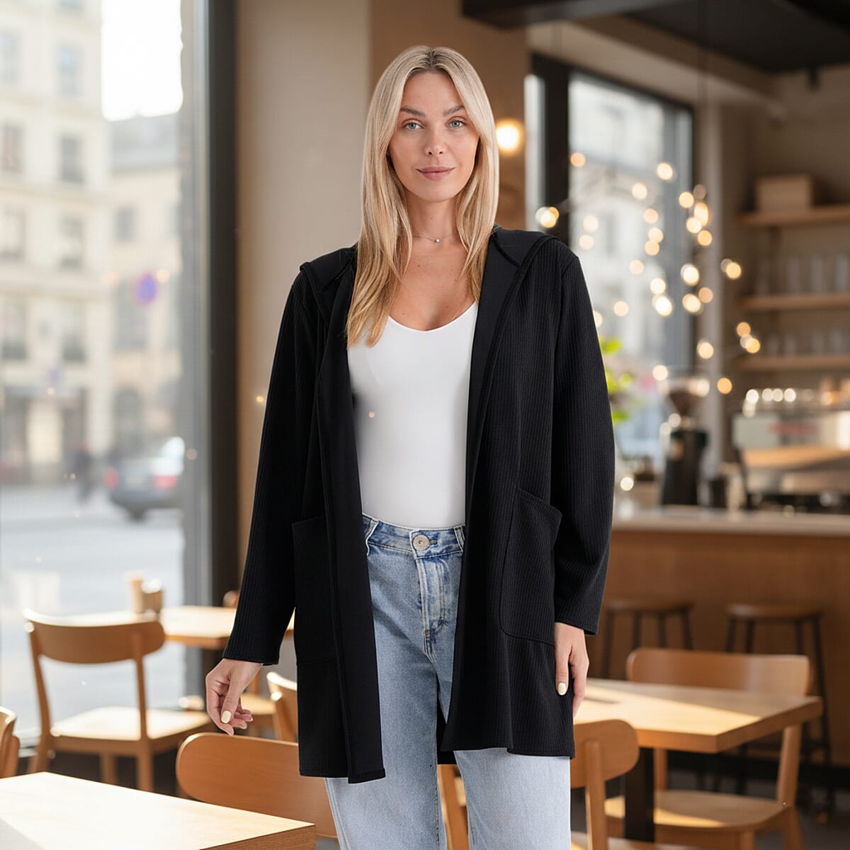 La Marey Black Long Knit Cardigan with Hood and Pockets - One Size Fits Most image number 1