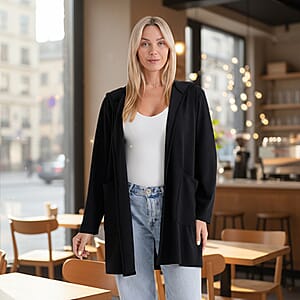 La Marey Black Long Knit Cardigan with Hood and Pockets - One Size Fits Most