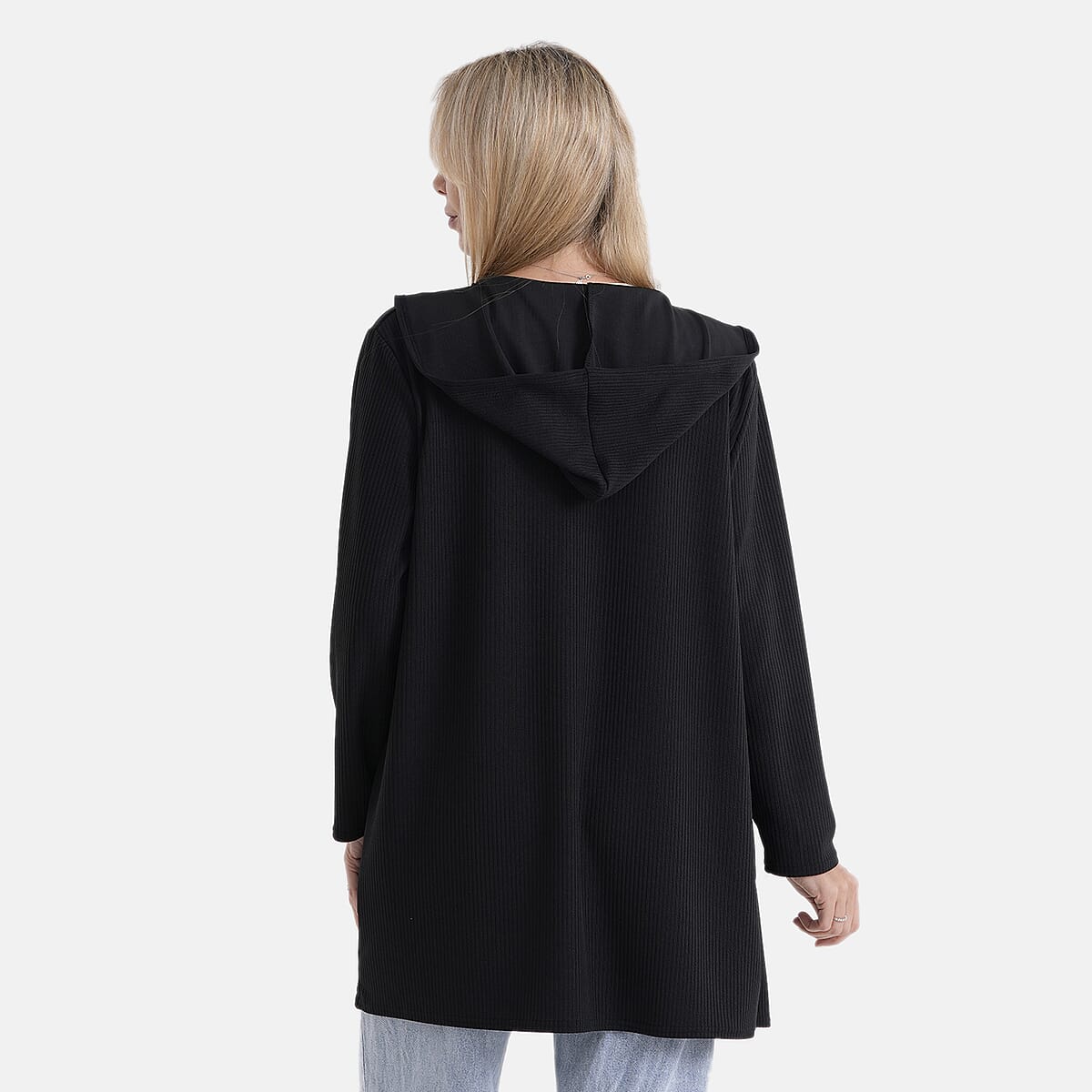 La Marey Black Long Knit Cardigan with Hood and Pockets - One Size Fits Most image number 2