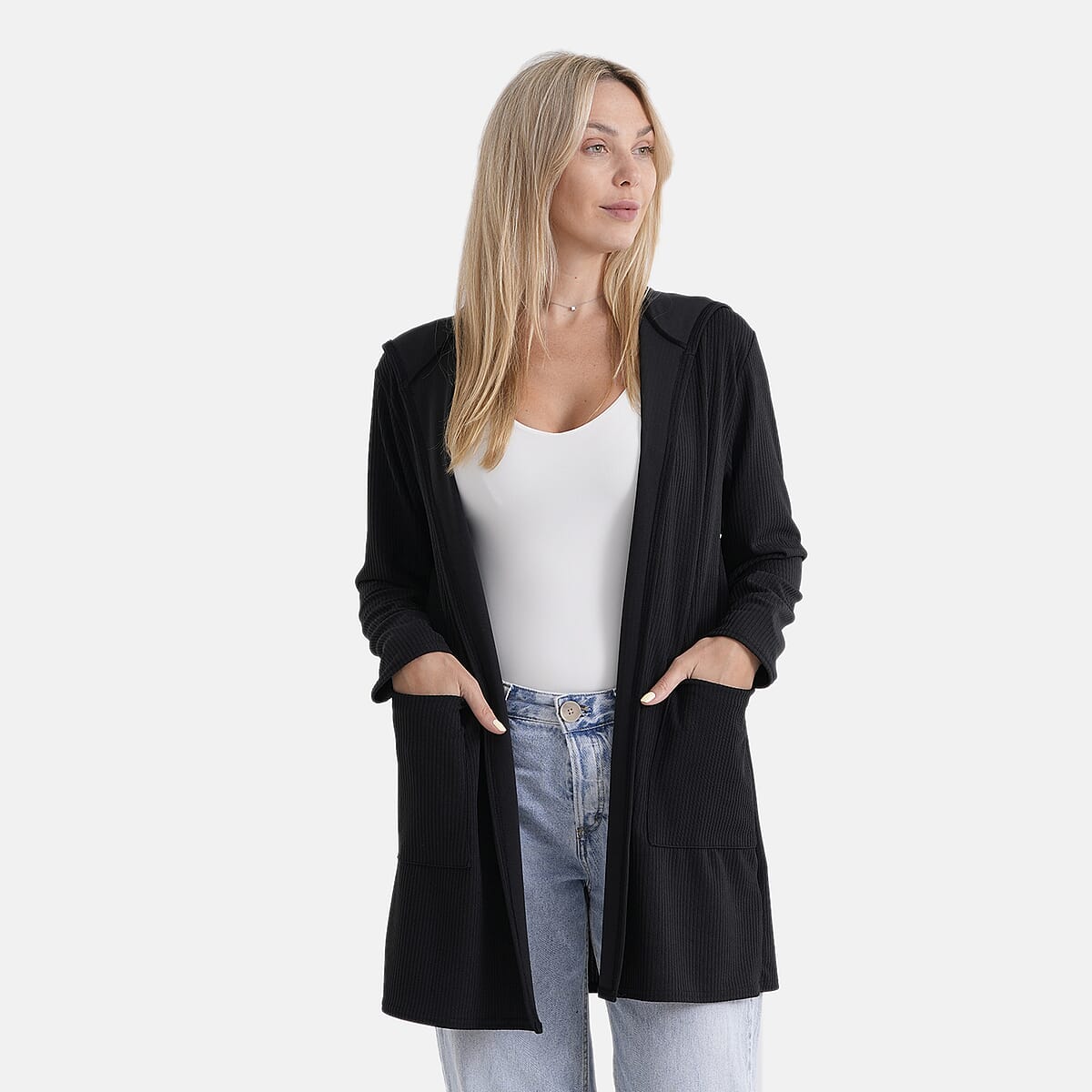 La Marey Black Long Knit Cardigan with Hood and Pockets - One Size Fits Most image number 4