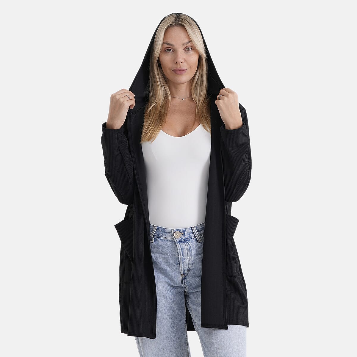 La Marey Black Long Knit Cardigan with Hood and Pockets - One Size Fits Most image number 5