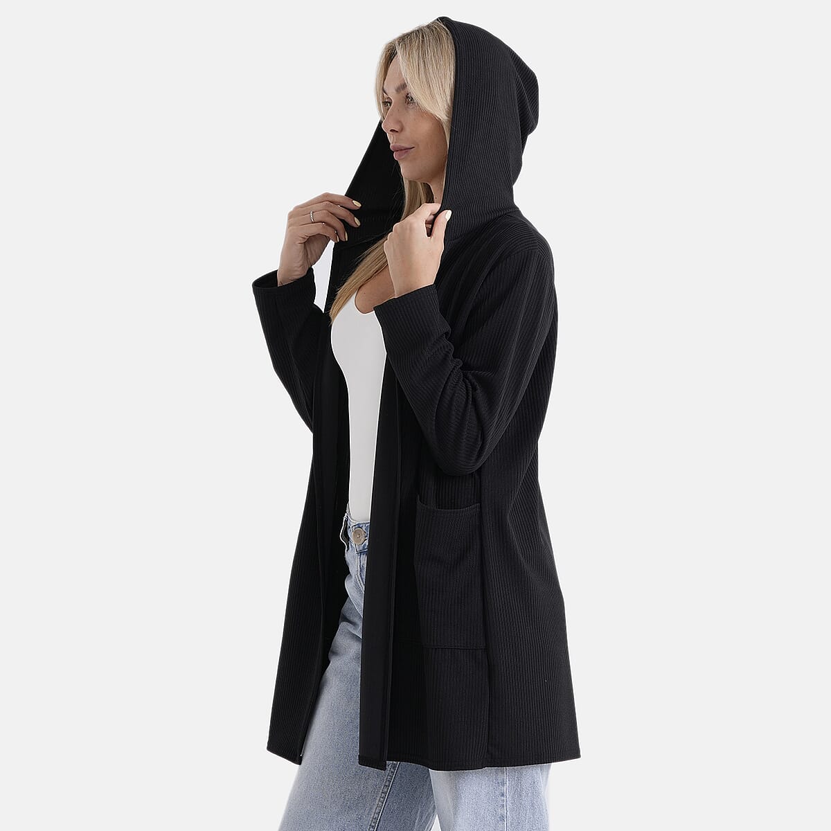 La Marey Black Long Knit Cardigan with Hood and Pockets - One Size Fits Most image number 6