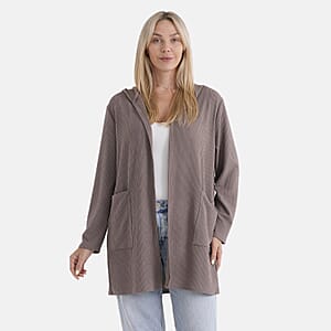 La Marey Khaki Long Knit Cardigan with Hood and Pockets - One Size Fits Most