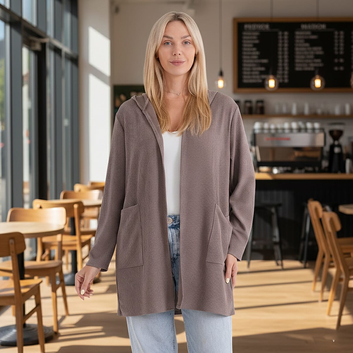 La Marey Khaki Long Knit Cardigan with Hood and Pockets - One Size Fits Most image number 1