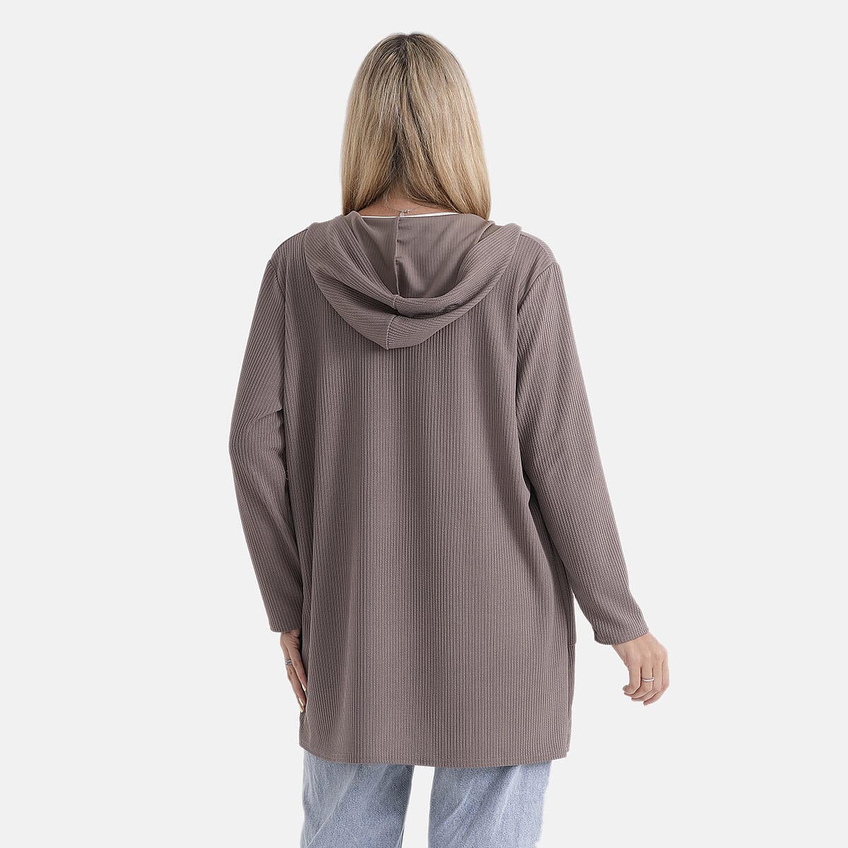 La Marey Khaki Long Knit Cardigan with Hood and Pockets - One Size Fits Most image number 2