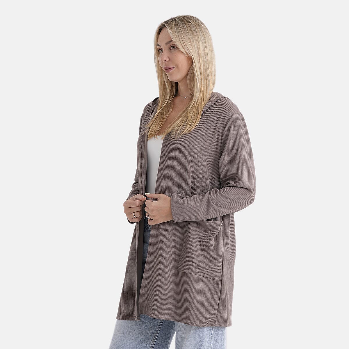 La Marey Khaki Long Knit Cardigan with Hood and Pockets - One Size Fits Most image number 3