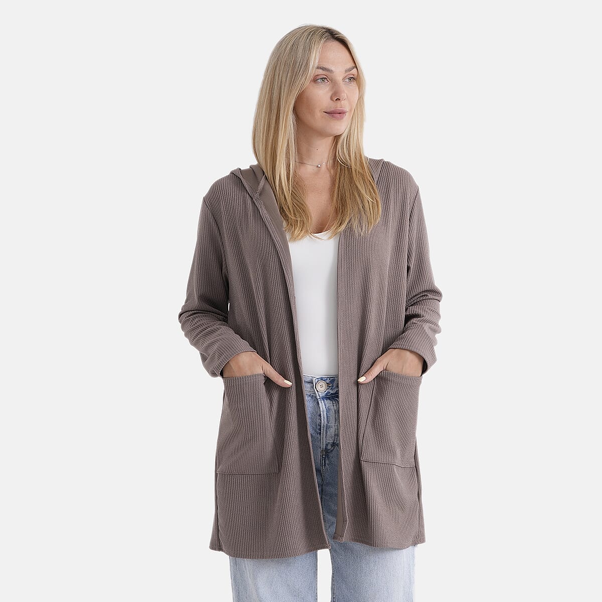 La Marey Khaki Long Knit Cardigan with Hood and Pockets - One Size Fits Most image number 4
