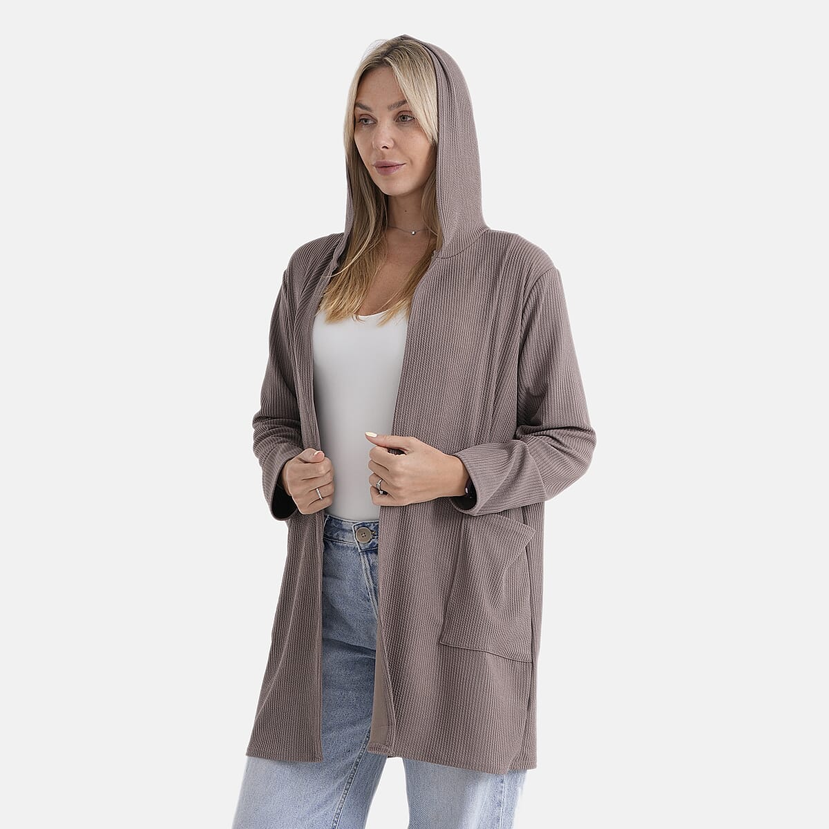 La Marey Khaki Long Knit Cardigan with Hood and Pockets - One Size Fits Most image number 5