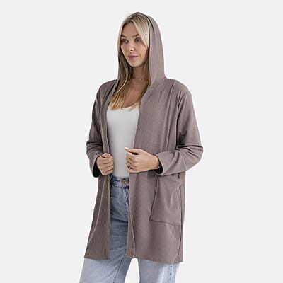 La Marey Khaki Long Knit Cardigan with Hood and Pockets - One Size Fits Most