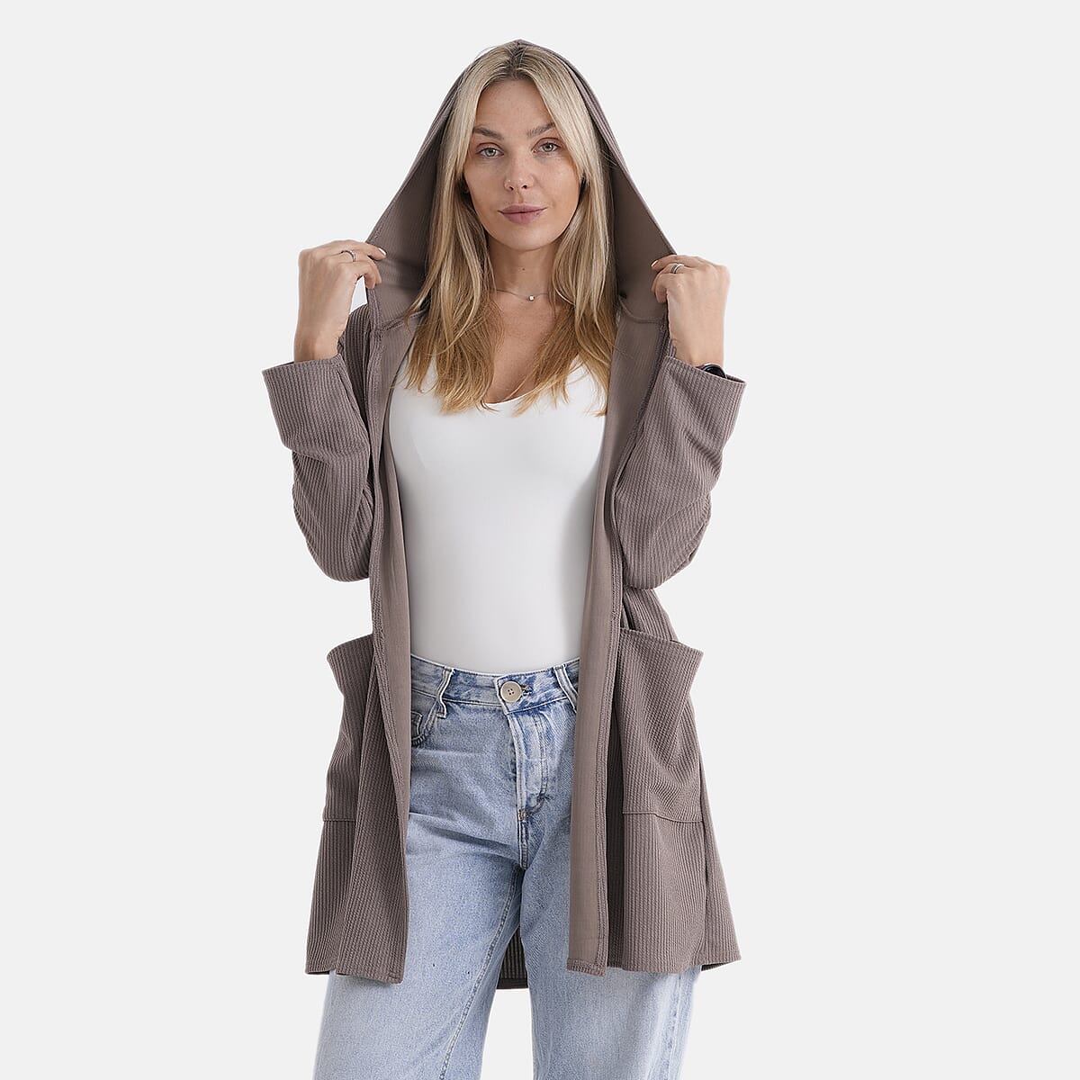 La Marey Khaki Long Knit Cardigan with Hood and Pockets - One Size Fits Most image number 6