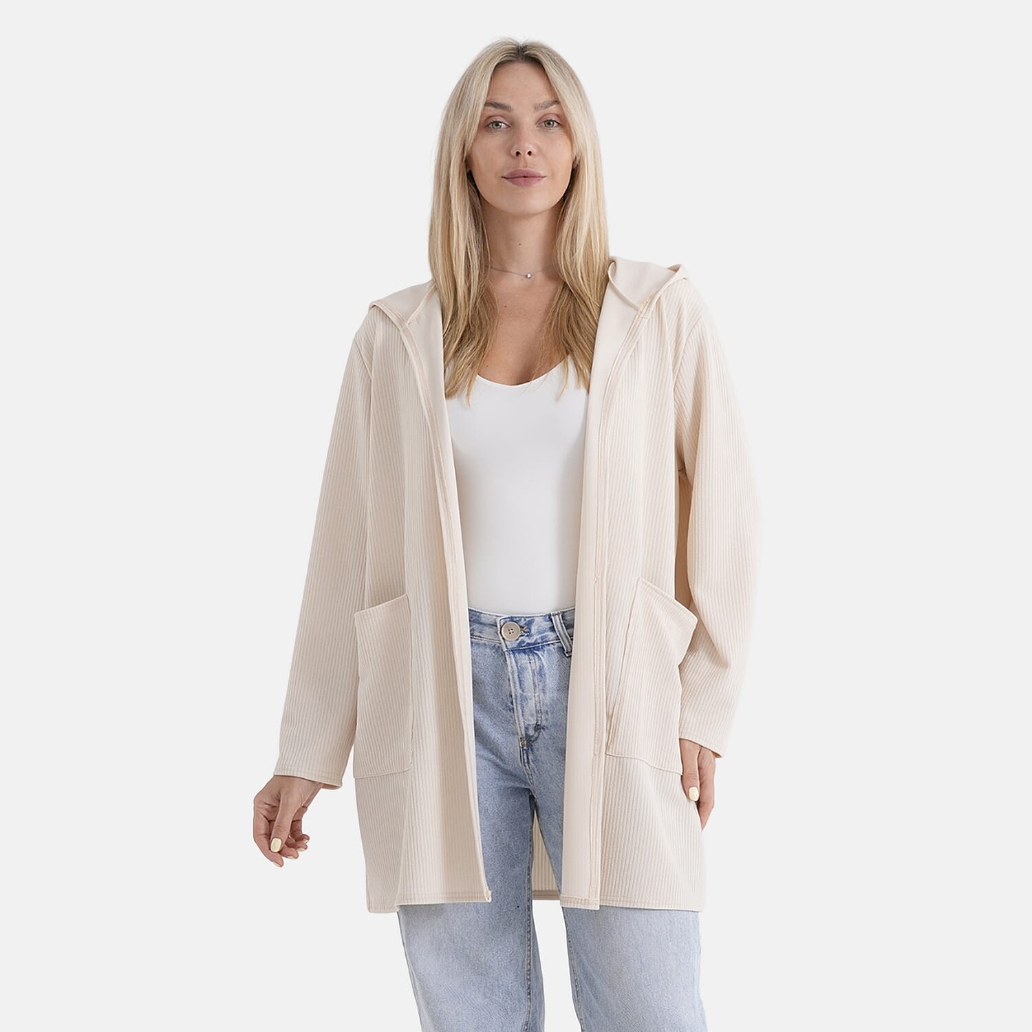 La Marey Cream Long Knit Cardigan with Hood and Pockets - One Size Fits Most