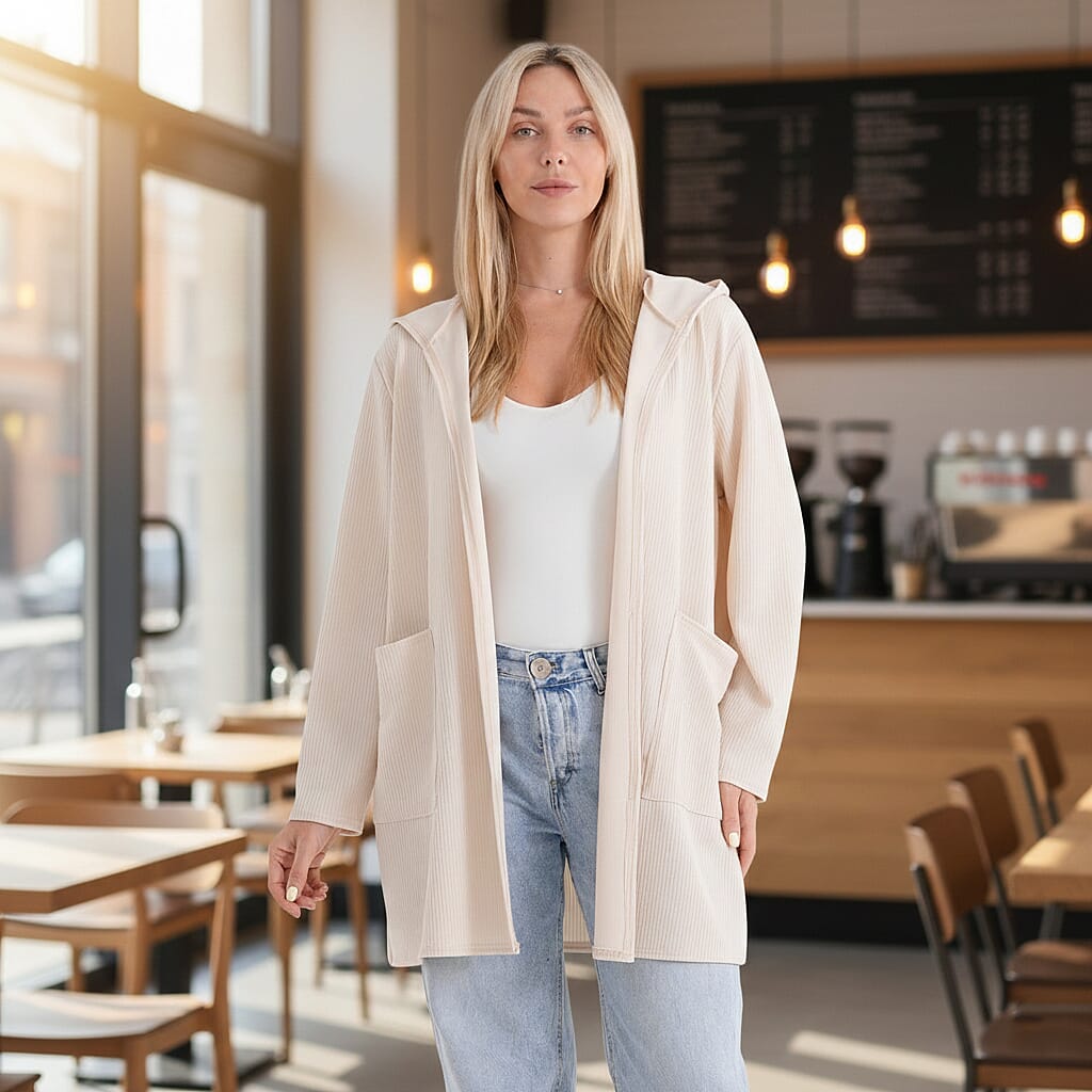 La Marey Cream Long Knit Cardigan with Hood and Pockets - One Size Fits Most