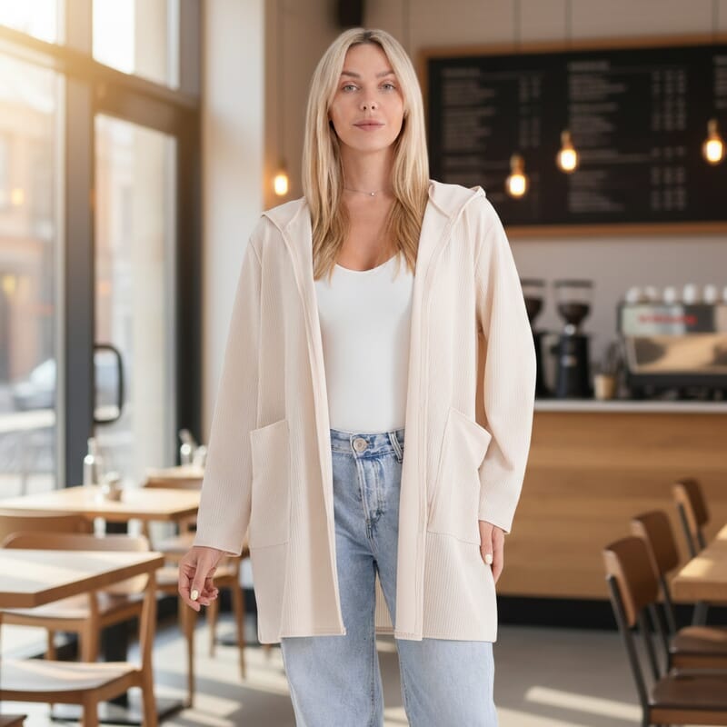 La Marey Cream Long Knit Cardigan with Hood and Pockets - One Size Fits Most