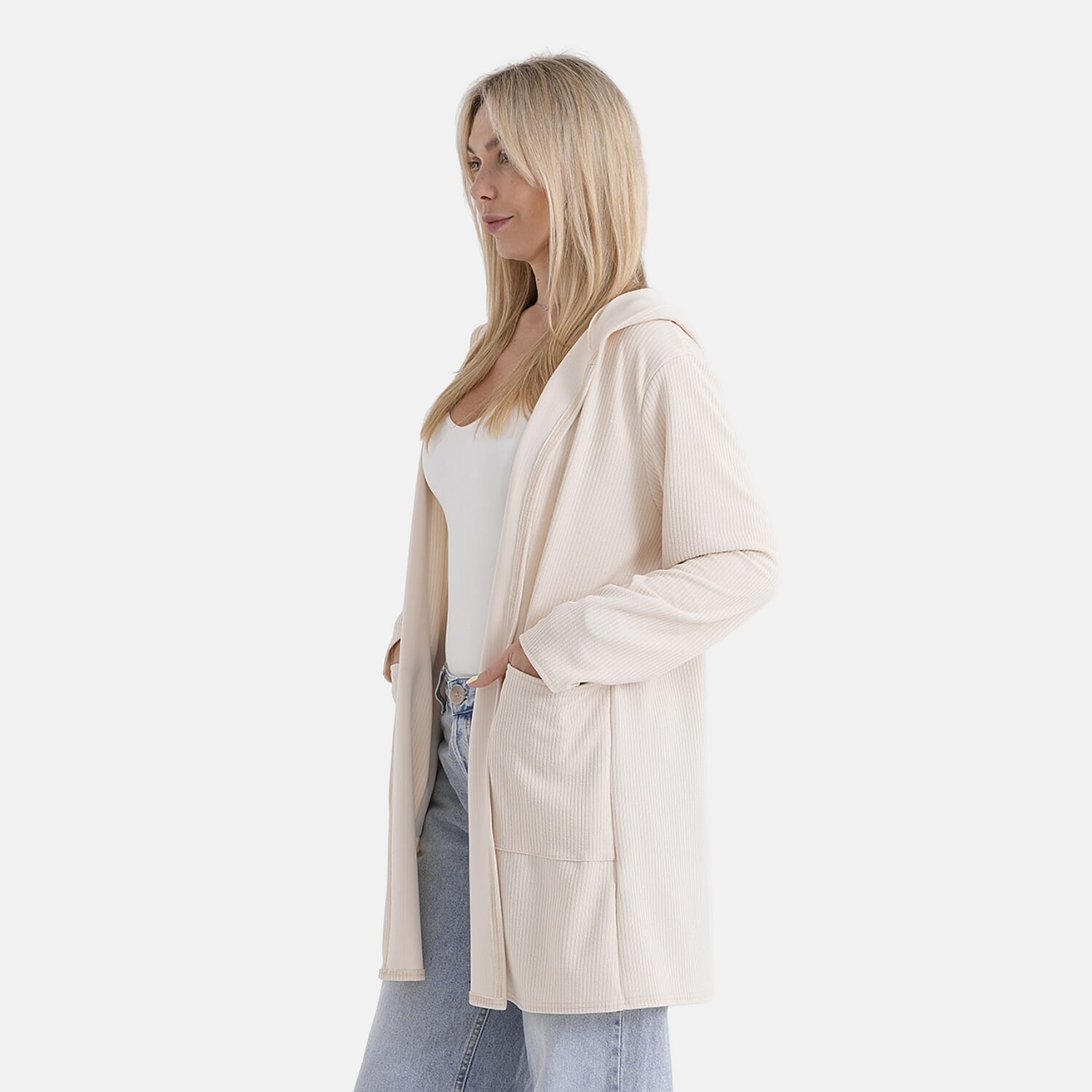 La Marey Cream Long Knit Cardigan with Hood and Pockets - One Size Fits Most