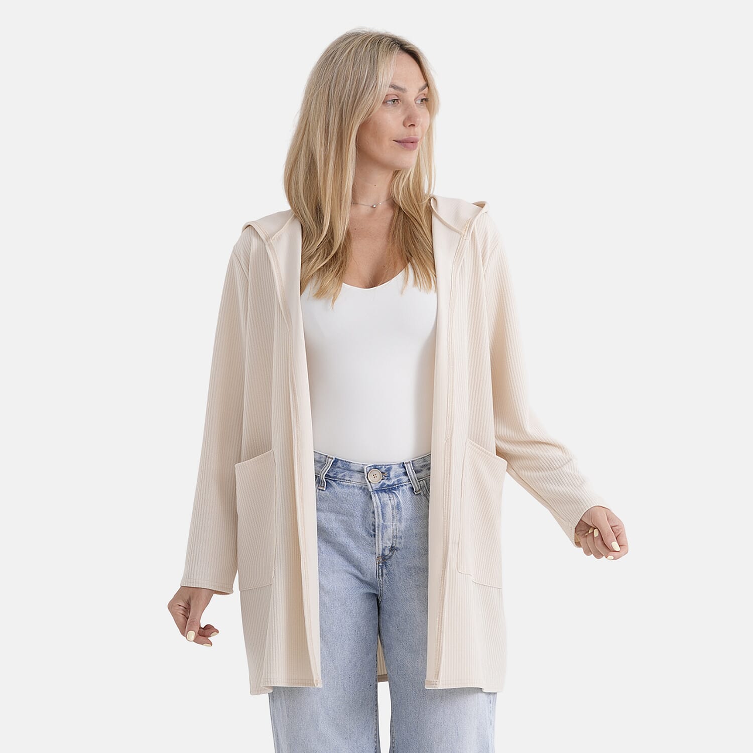 La Marey Cream Long Knit Cardigan with Hood and Pockets - One Size Fits Most