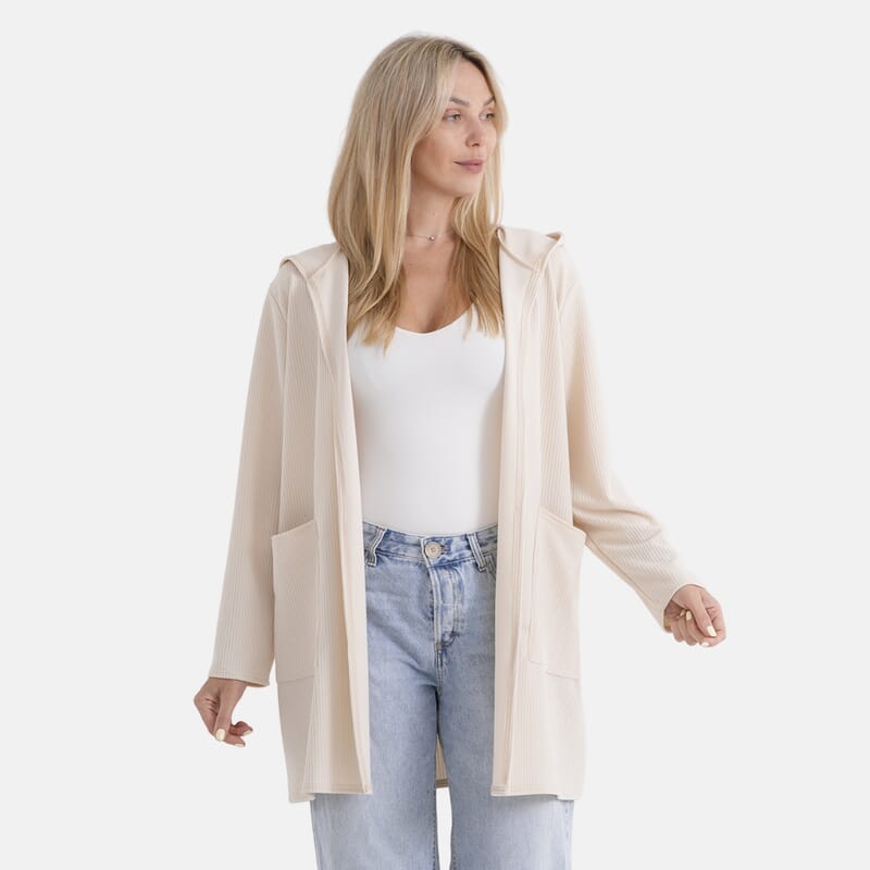 La Marey Cream Long Knit Cardigan with Hood and Pockets - One Size Fits Most