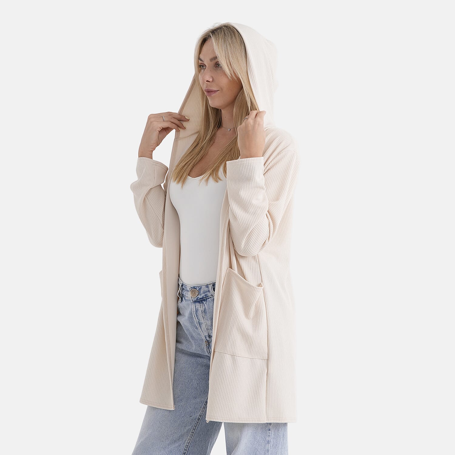 La Marey Cream Long Knit Cardigan with Hood and Pockets - One Size Fits Most