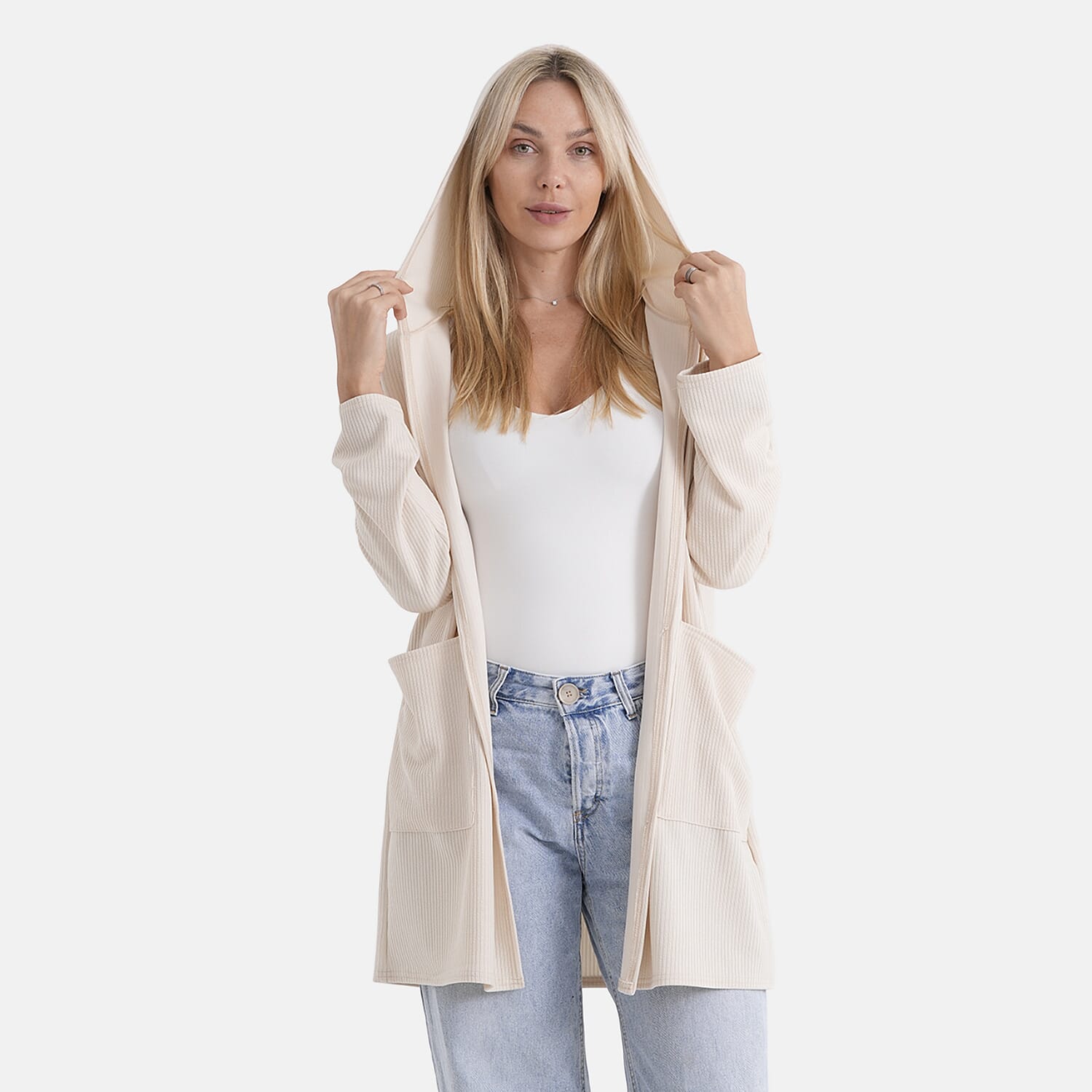 La Marey Cream Long Knit Cardigan with Hood and Pockets - One Size Fits Most