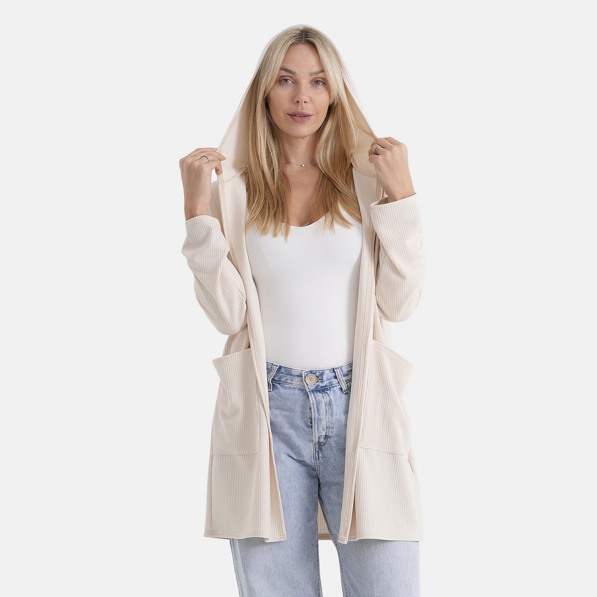 La Marey Dark Gray Long Knit Cardigan with Hood and Pockets - One Size Fits Most image number 6