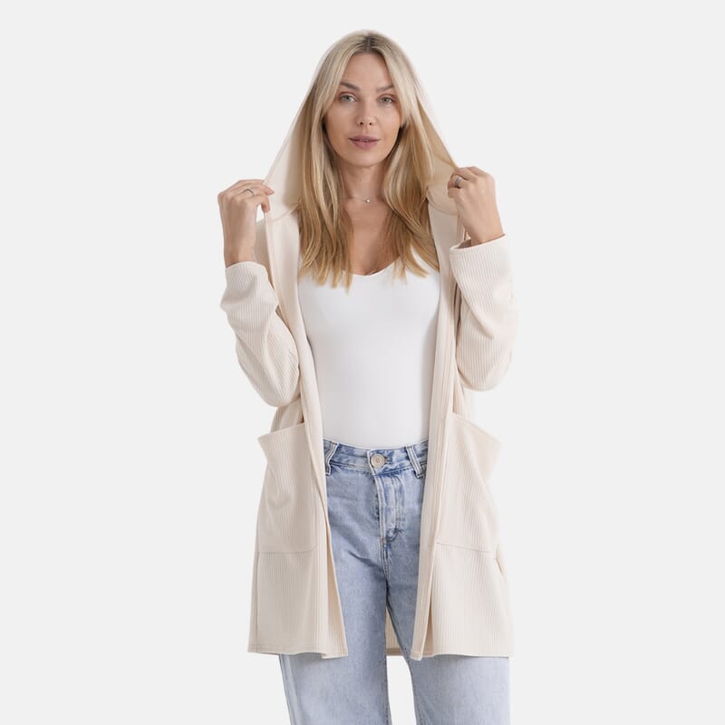La Marey Cream Long Knit Cardigan with Hood and Pockets - One Size Fits Most