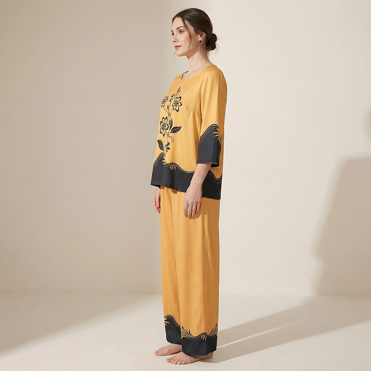 La Marey Camel Floral Printed 2pcs Pant Set - One Size Plus image number 2