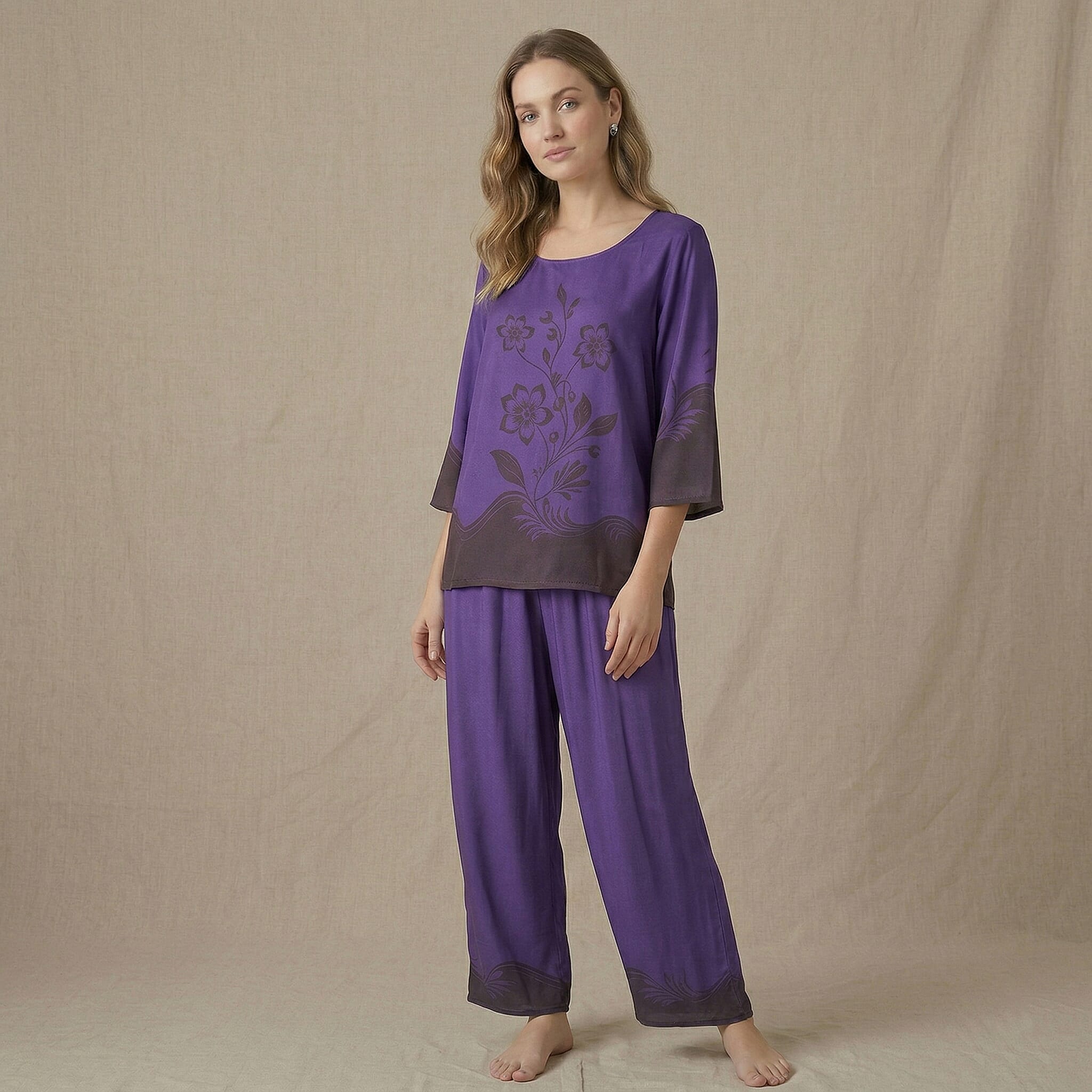 La Marey Purple Floral Printed 2pcs Pant Set - One Size Plus