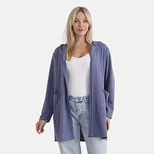 La Marey Blue Long Knit Cardigan with Hood and Pockets - One Size Fits Most