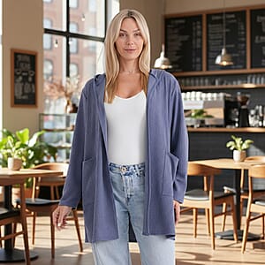 La Marey Blue Long Knit Cardigan with Hood and Pockets - One Size Fits Most