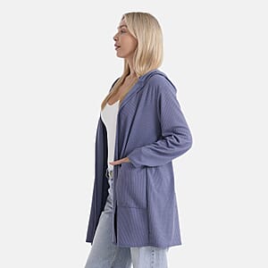 La Marey Blue Long Knit Cardigan with Hood and Pockets - One Size Fits Most