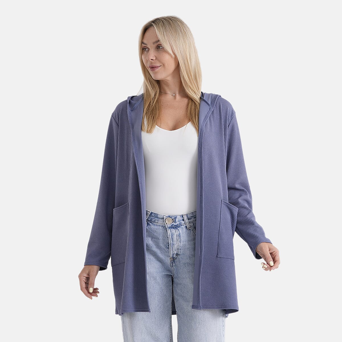 La Marey Blue Long Knit Cardigan with Hood and Pockets - One Size Fits Most image number 4