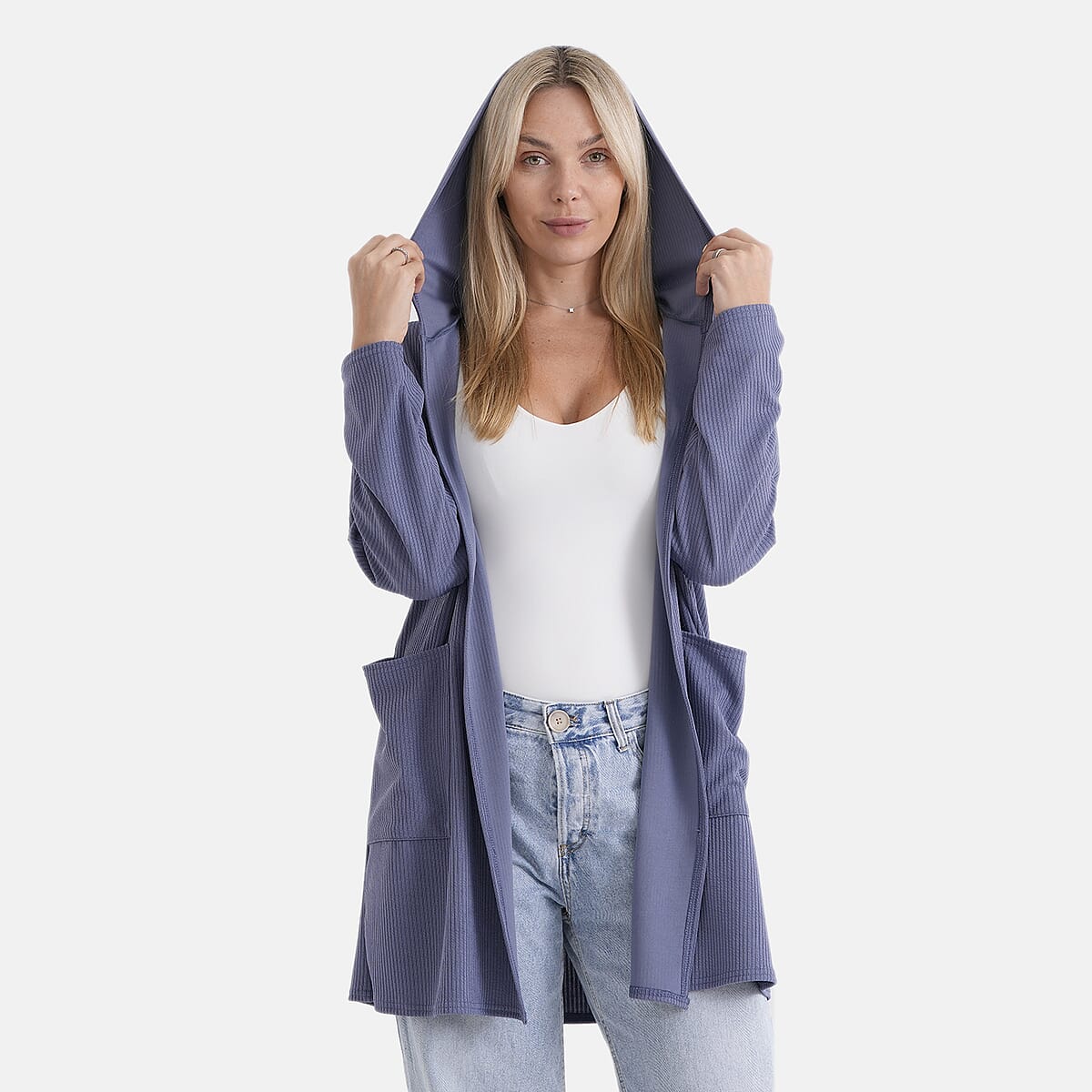 La Marey Blue Long Knit Cardigan with Hood and Pockets - One Size Fits Most image number 5