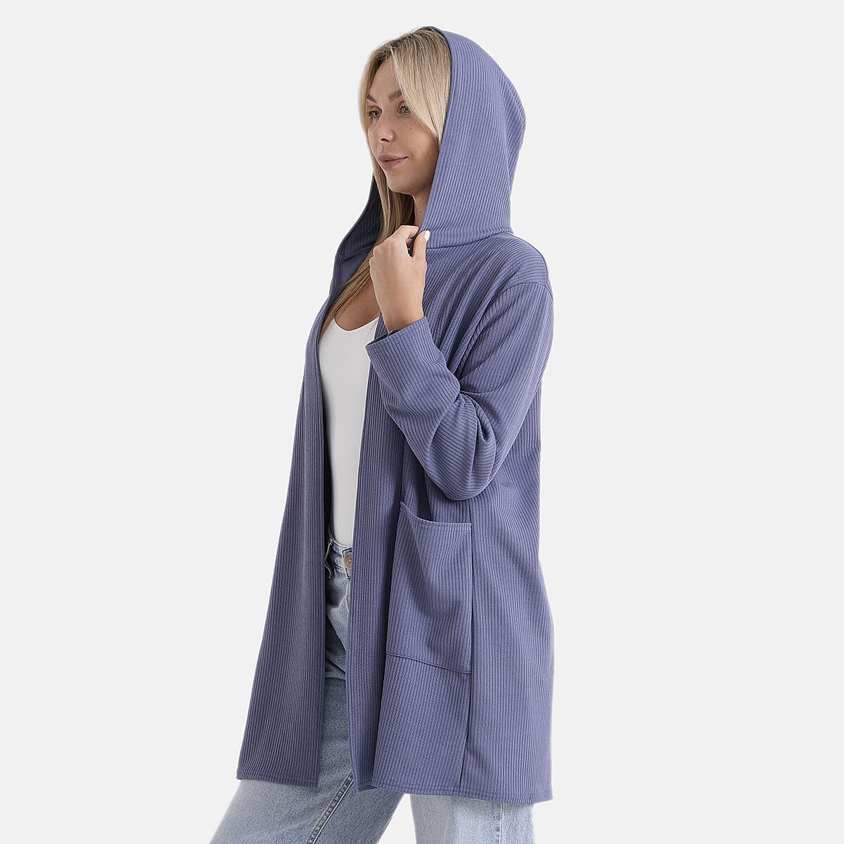 La Marey Blue Long Knit Cardigan with Hood and Pockets - One Size Fits Most image number 6