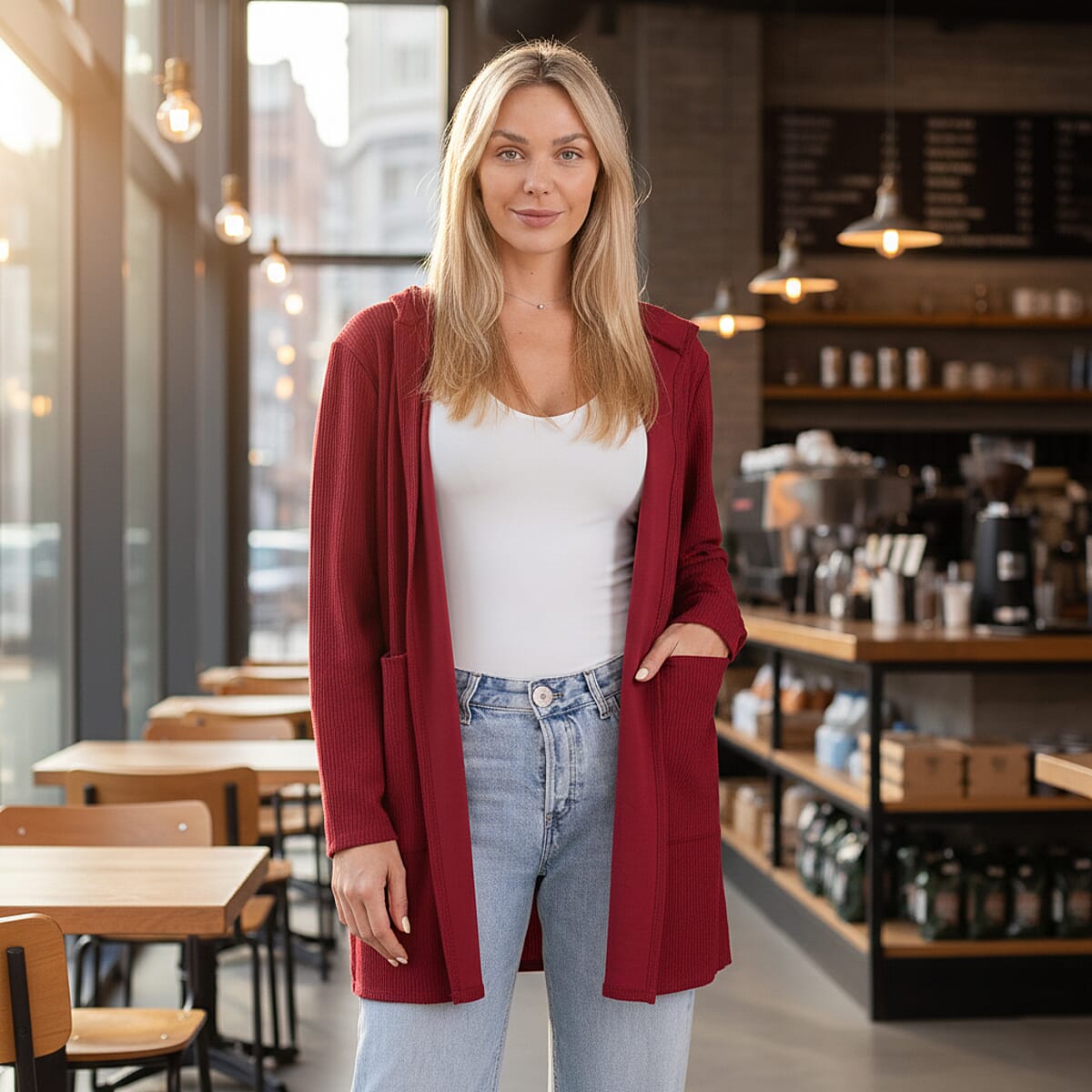 La Marey Red Long Knit Cardigan with Hood and Pockets - One Size Fits Most image number 1